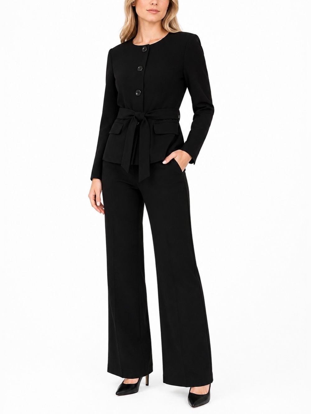 VENUS Black Self-Tie Flared Pant Suit NWT